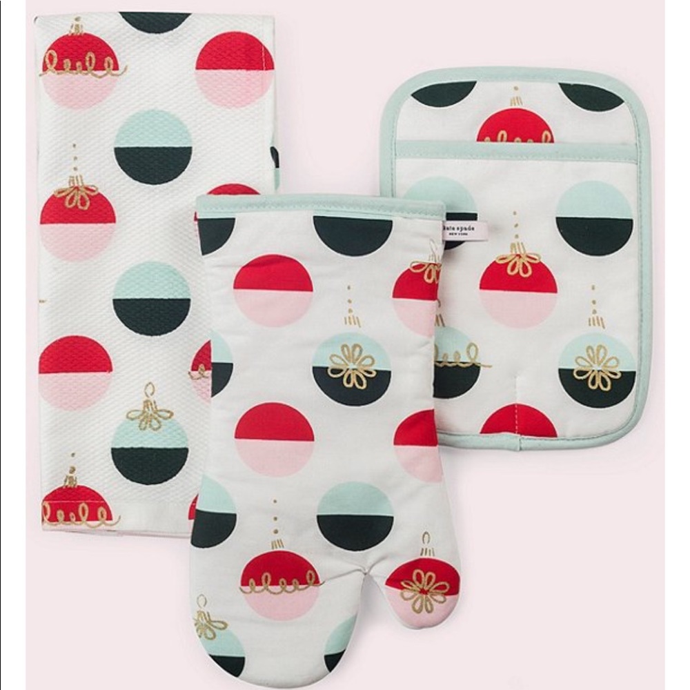 🆕 Kate Spade Christmas Color Block Ornaments 3 Piece Kitchen Set